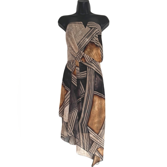 ✨*Brand New* Le Chateau Brown Stripe High-Low Ruffle Midi Dress - Size XL - Picture 1 of 13